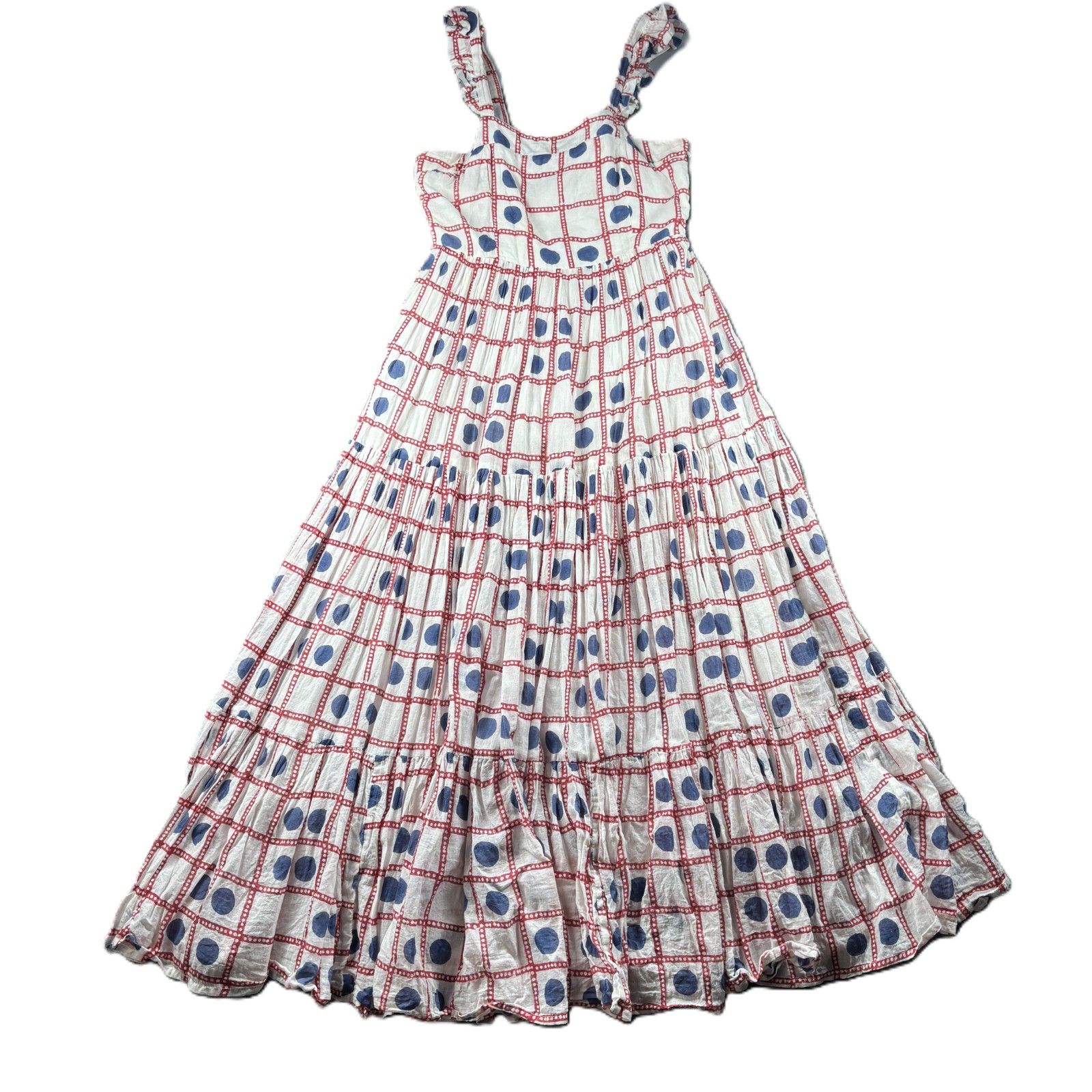 Oliphant Women Midi Dress Smocked Sundress Tiered Red White Blue Xs M212